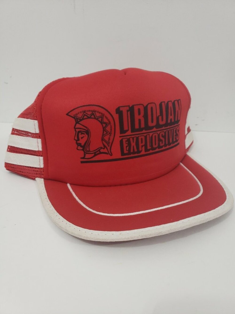 VINTAGE -  TROJAN EXPLOSIVES Miner Trucker Hat - 3 Stripe SNAPBACK Cap Red USA